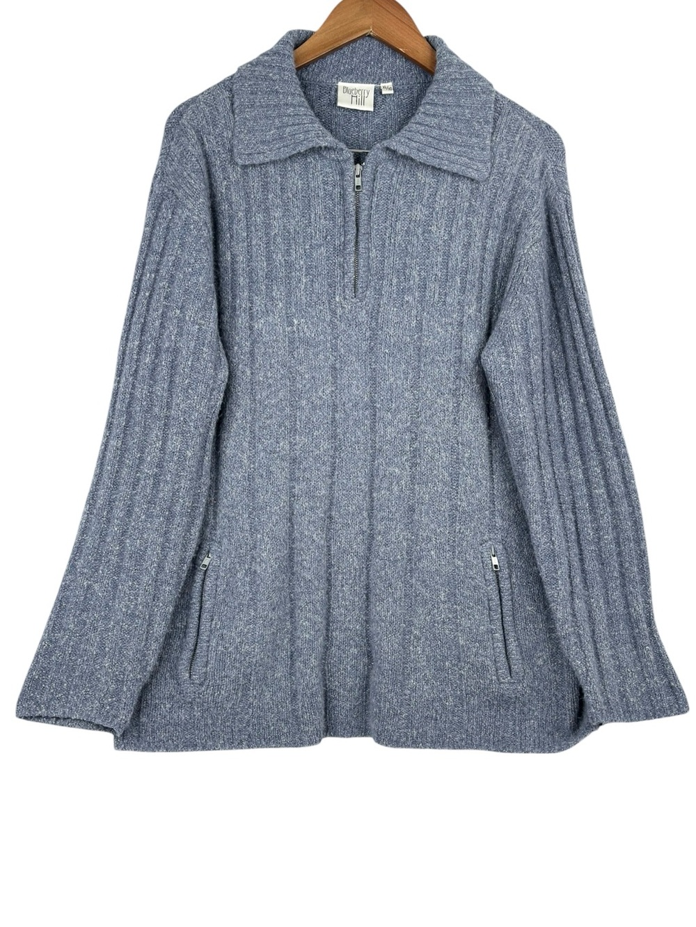 Blueberry Hill Blue Wool Blend 1/4 Zip  2 Zip Pocket Knit Pullover Sweater XL
